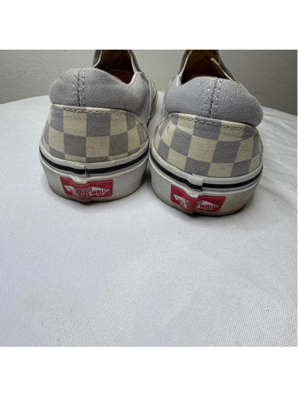 Vans gray and white checkerboard slip-on sneakers #skateboarding #checkerboard